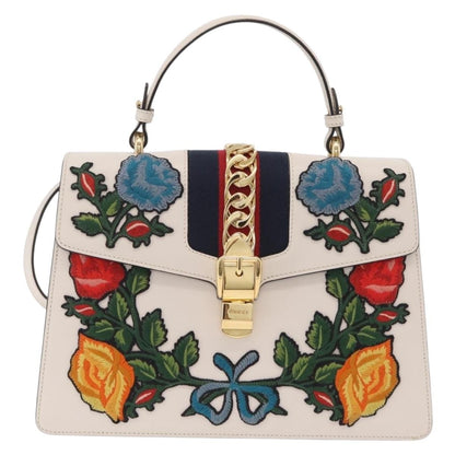 Gucci Sylvie Top Handle Embroidered Leather, White, Leather, Handbag