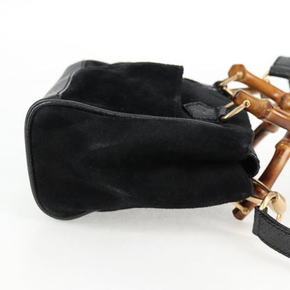 Gucci Vintage Bamboo Front Pocket Suede, Black, Suede, Tote Bag
