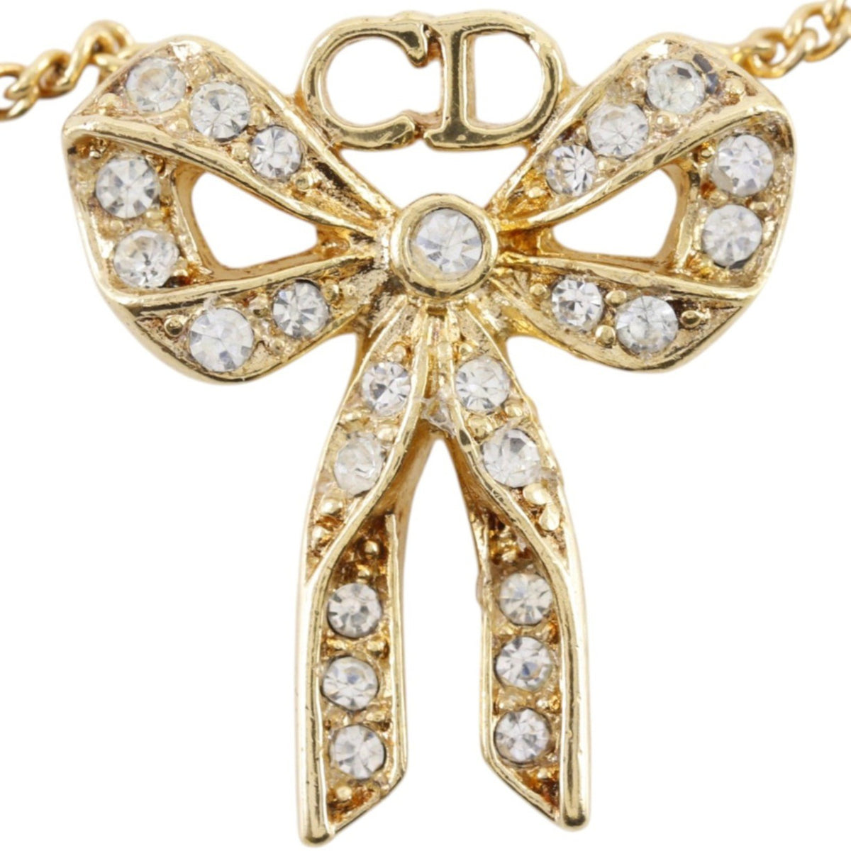 Christian Dior Bow CD Pendant Metal with Crystal, Gold, Gold Plated, Necklace
