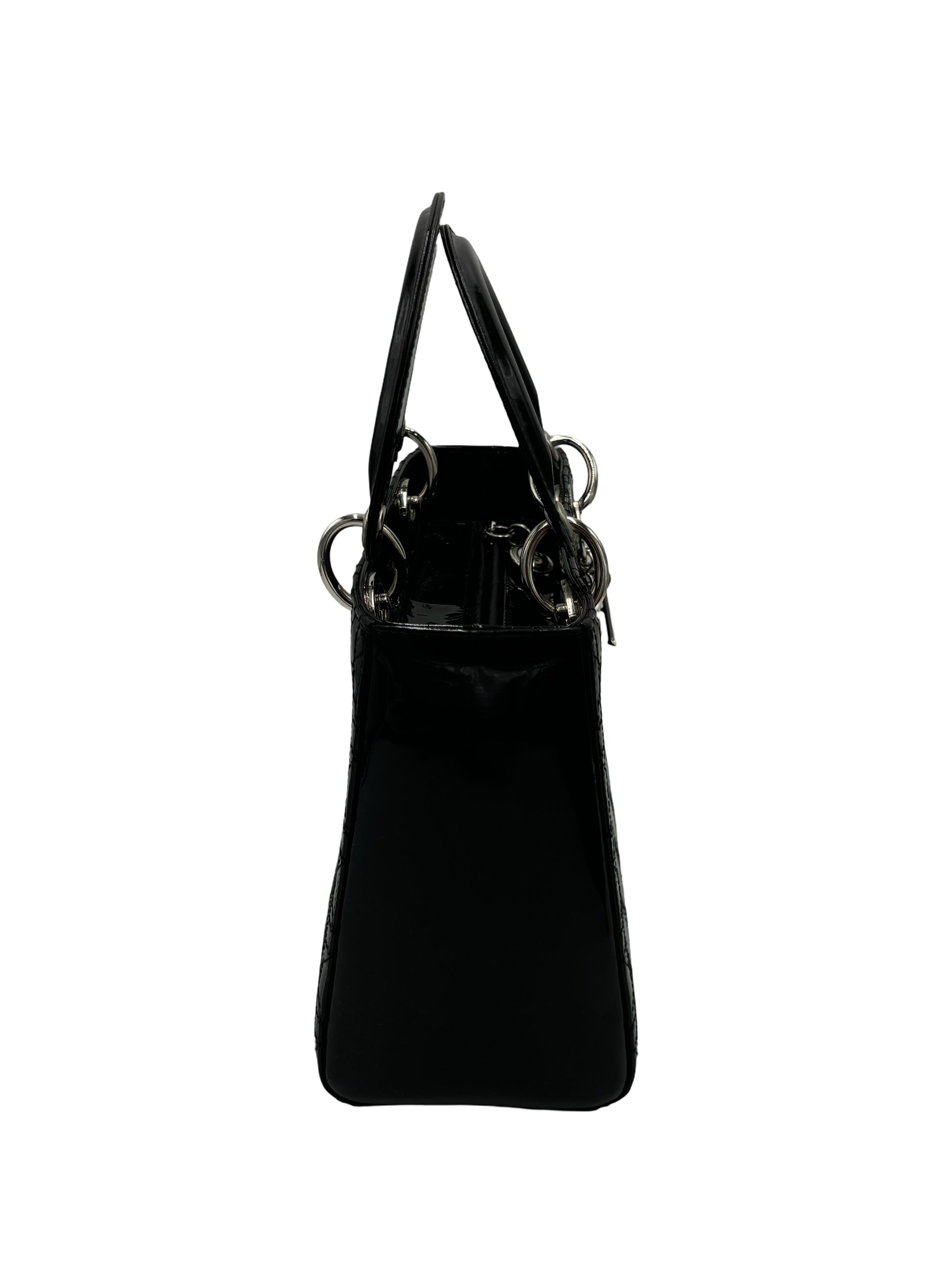 Christian Dior Lady Dior Patent, Black, Patent Leather, Handbag