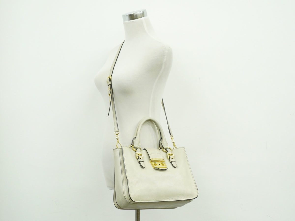 Miu Miu Madras Convertible Lock Leather, Beige, Leather, Tote Bag