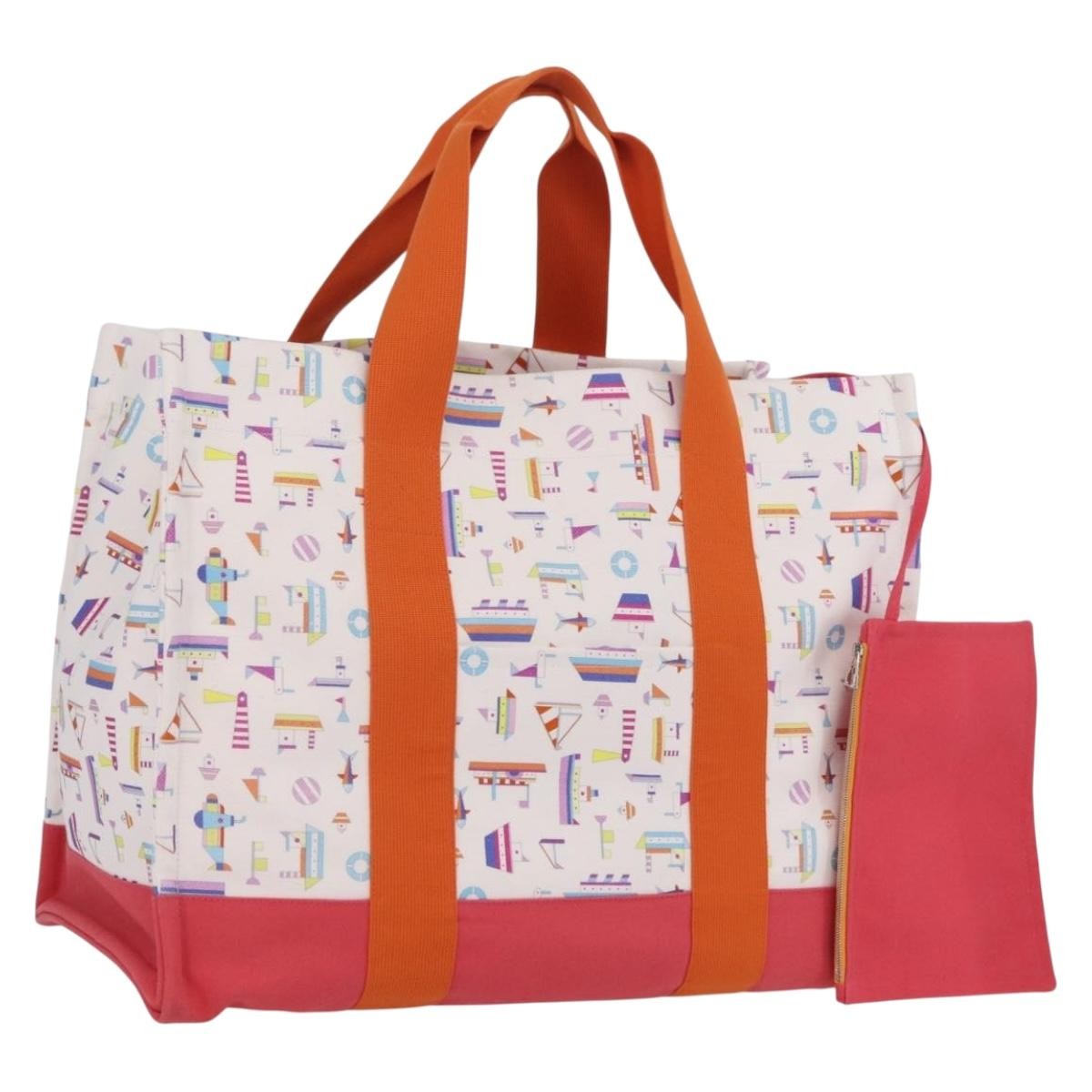Hermes Beach Printed Toile, White, Canvas, Tote Bag