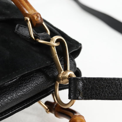 Gucci Vintage Bamboo Front Pocket Suede, Black, Suede, Tote Bag