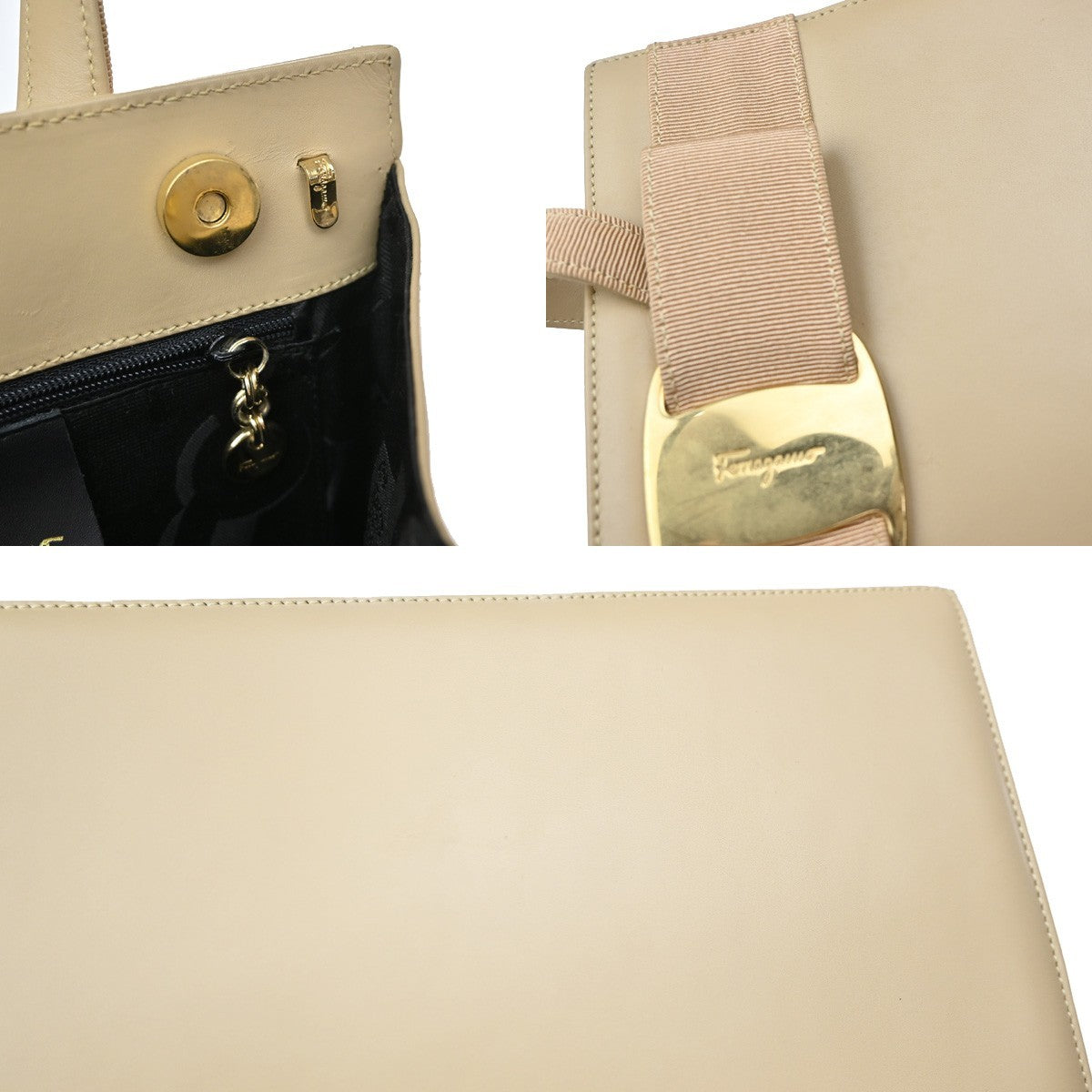 Salvatore Ferragamo Convertible Vara Bow Leather, Beige, Leather, Tote Bag
