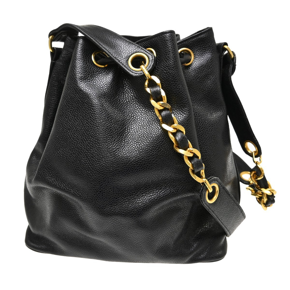 Chanel Vintage CC Drawstring Chain Leather, Black, Leather, Shoulder Bag