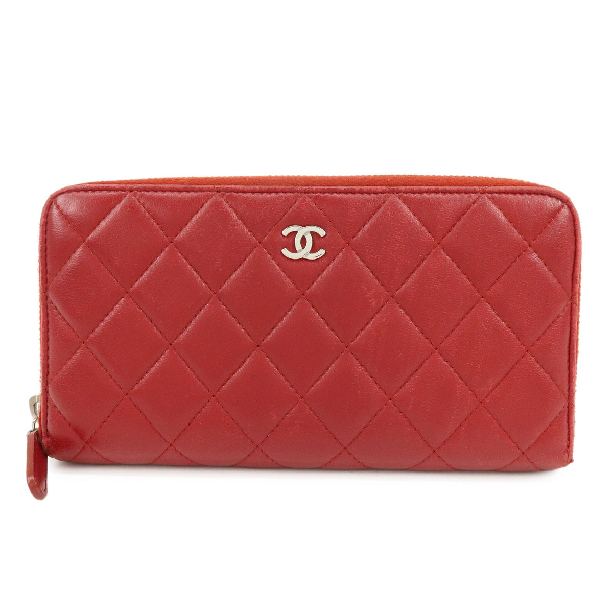 Chanel Zip Around Quilted Lambskin, Red, Leather, Wallet