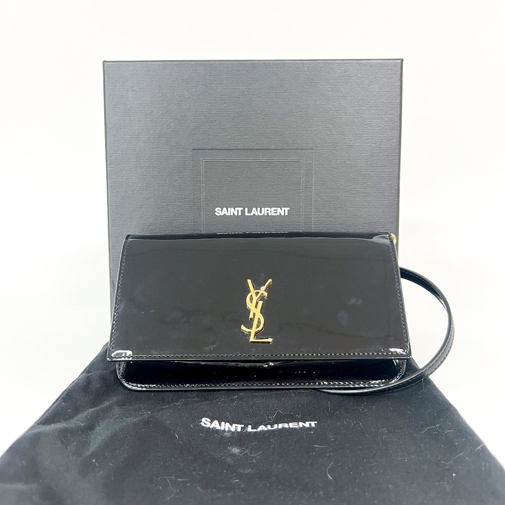 Saint Laurent Cassandre Flap Wristlet Patent, Black, Patent Leather, Handbag