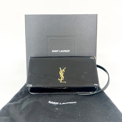 Saint Laurent Cassandre Flap Wristlet Patent, Black, Patent Leather, Handbag