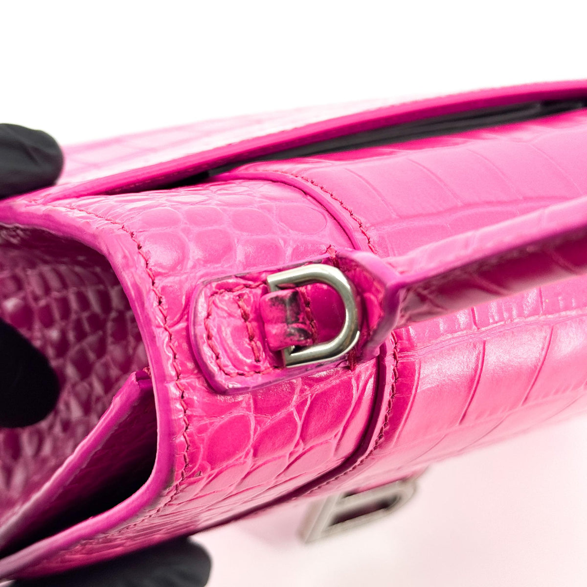 Balenciaga Hourglass Top Handle Crocodile Embossed Leather, Pink, Leather, Handbag