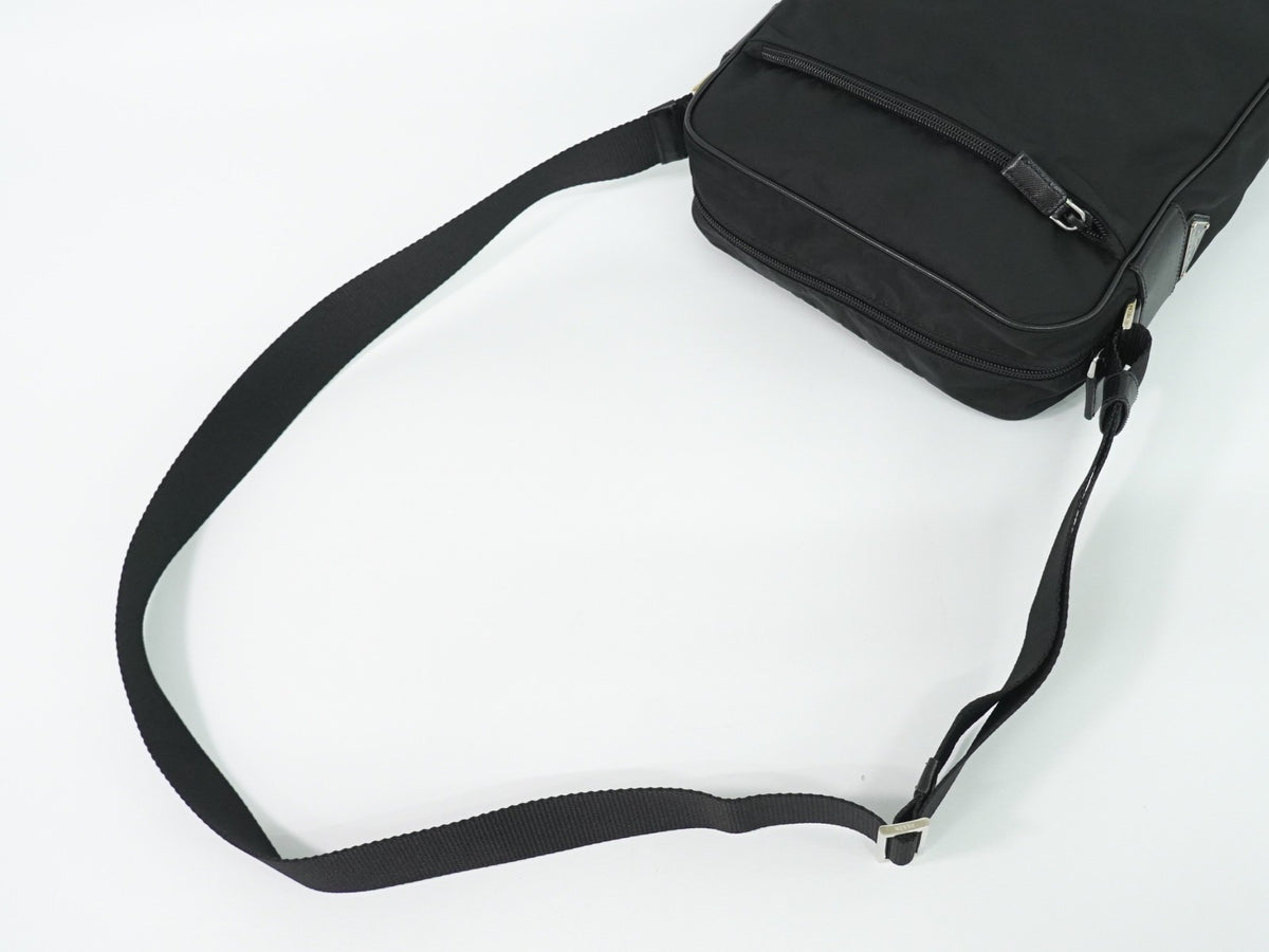 Prada Front Zip Messenger Quilted Tessuto, Black, Nylon, Shoulder Bag