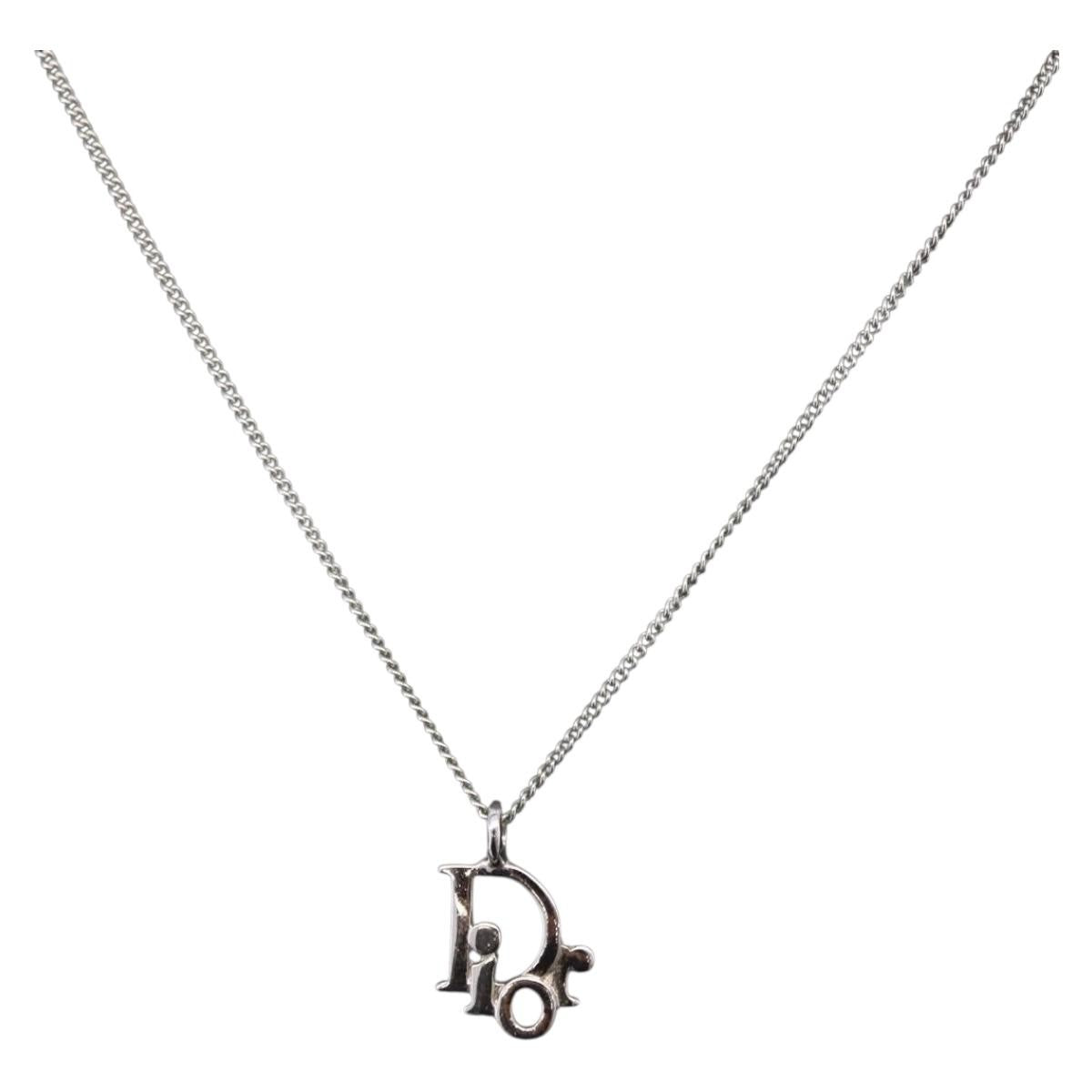 Christian Dior Vintage Logo Pendant Metal, Silver, Metal, Necklace