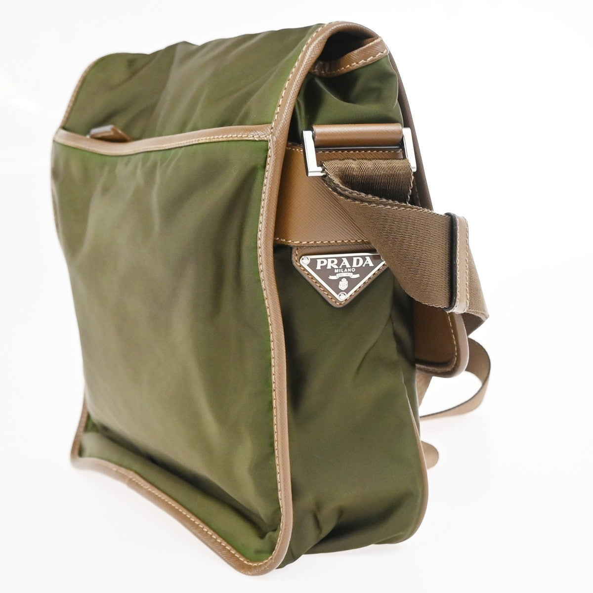 Prada Logo Buckle Messenger Nylon, Khaki, Nylon, Handbag