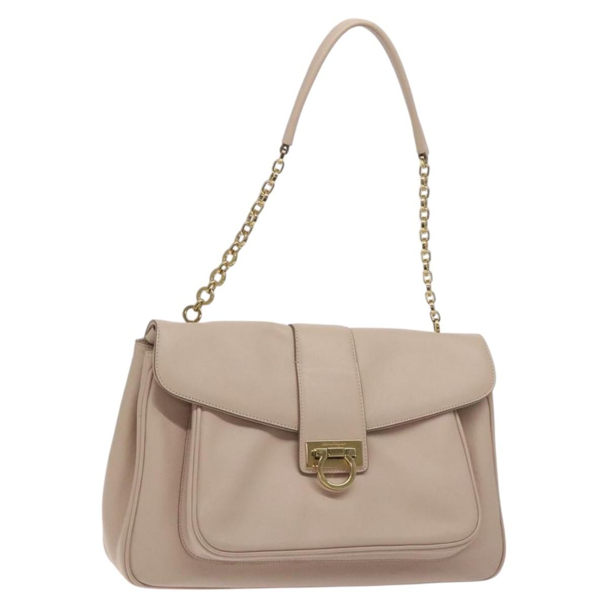 Salvatore Ferragamo Chain Gancini Jacquard with Studded Leather, Beige, Leather, Shoulder Bag