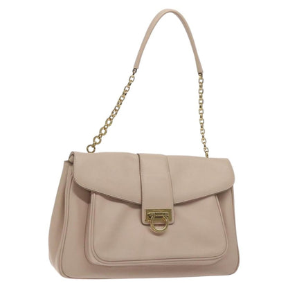 Salvatore Ferragamo Chain Gancini Jacquard with Studded Leather, Beige, Leather, Shoulder Bag