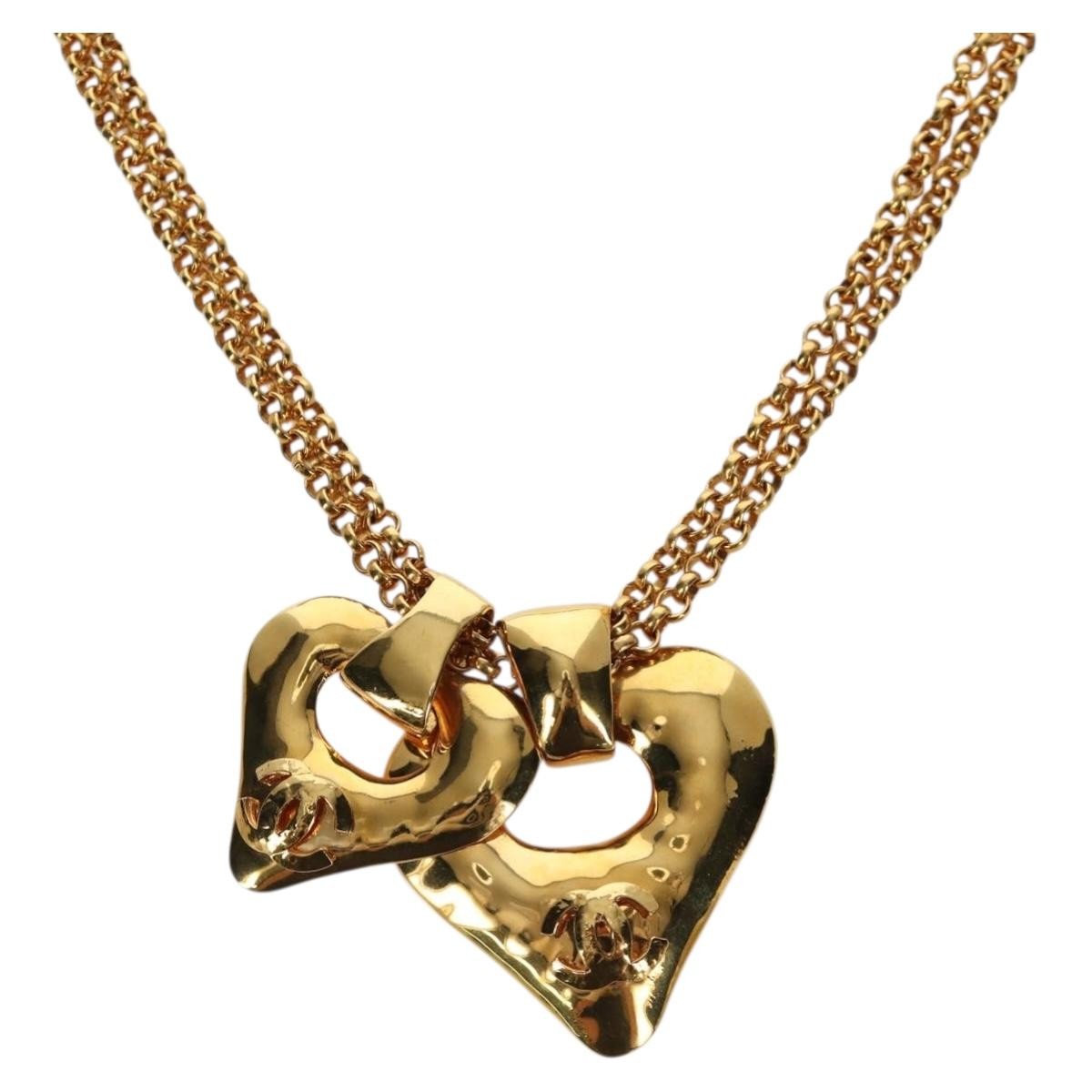 Chanel Vintage CC Heart Pendant Long Metal, Gold, Metal, Necklace