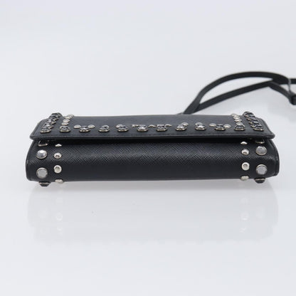 Prada Flap Studded Saffiano Leather, Black, Leather, Crossbody Bag