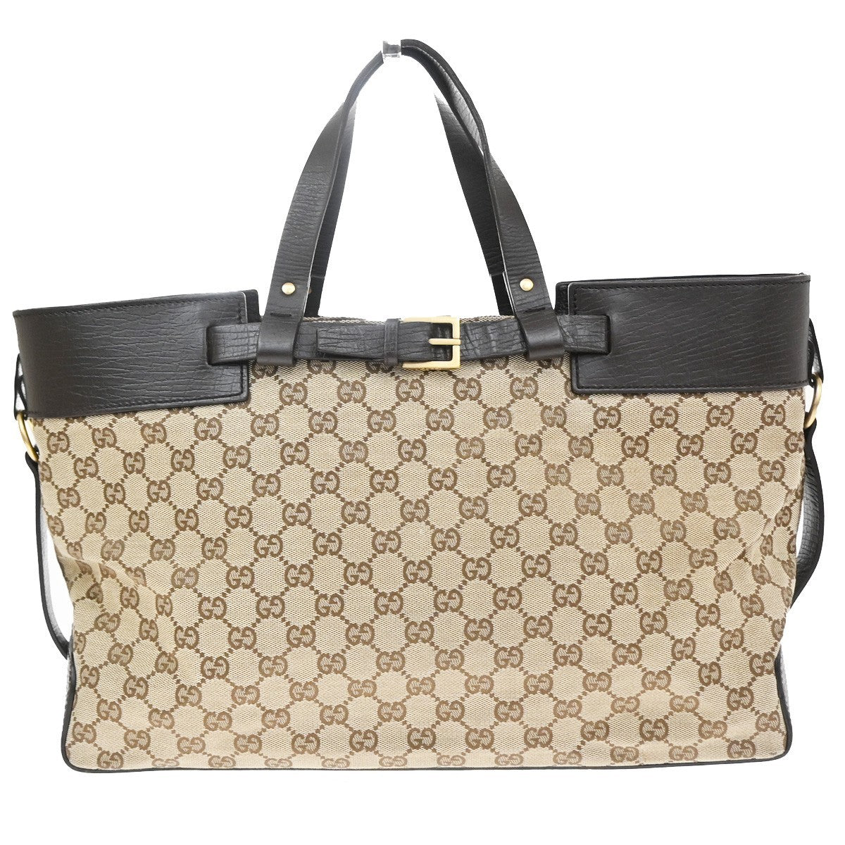 Gucci Belted Bucket GG Canvas with Leather, Brown, Canvas, Tote Bag