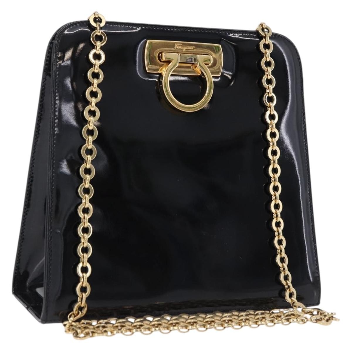 Salvatore Ferragamo Vintage Gancini Chain Patent Leather, Black, Patent Leather, Shoulder Bag
