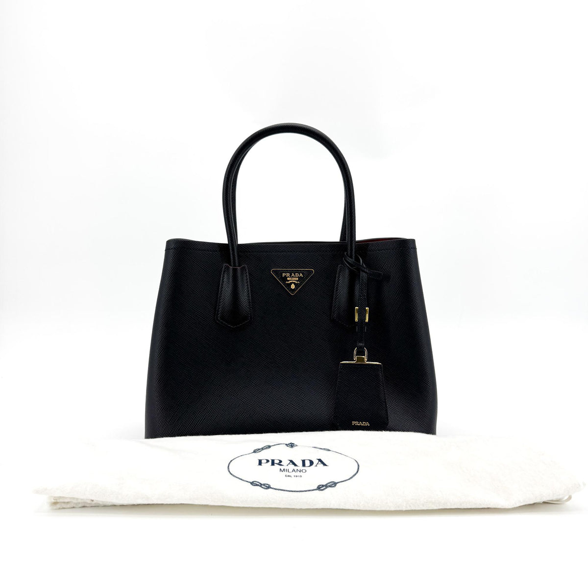 Prada Cuir Double Tote Saffiano, Black, Leather, Tote Bag