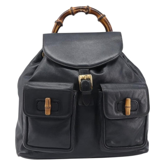 Gucci Vintage Bamboo Leather, Black, Leather, Backpack