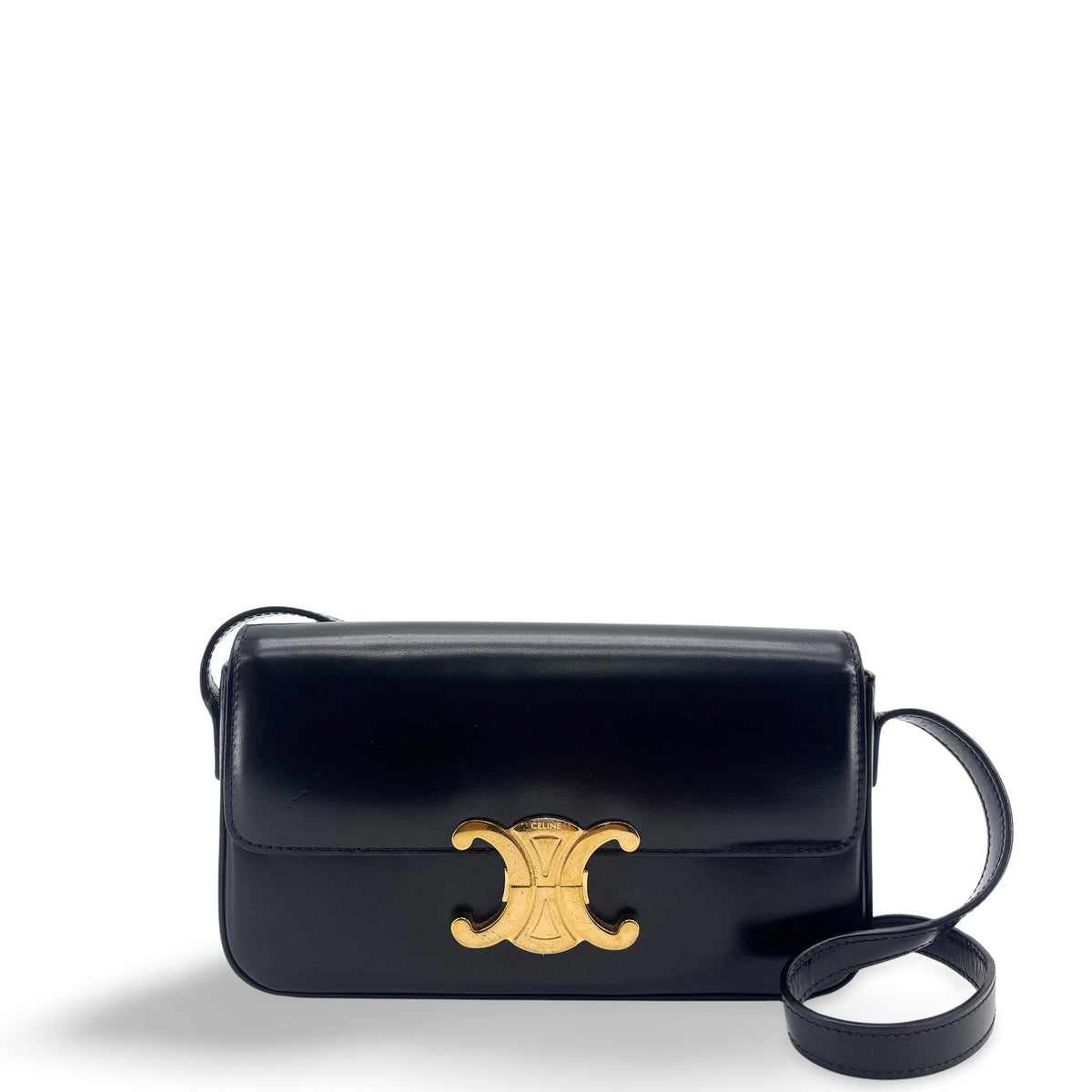 Celine Triomphe East-West Smooth Calfskin, Black, Leather, Shoulder Bag