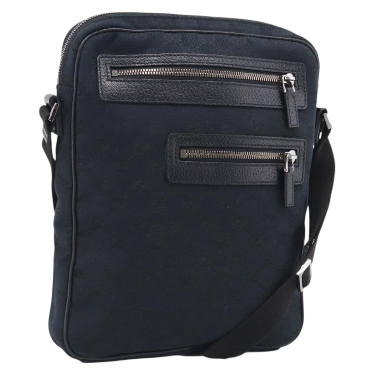 Gucci Front Zip Messenger Canvas and Leather, Black, Canvas, Crossbody Bag