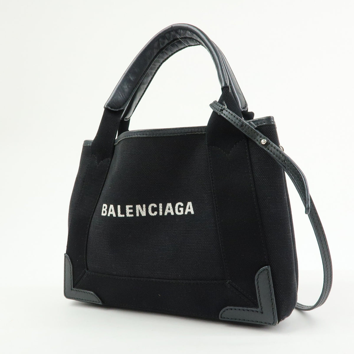 Balenciaga Navy Cabas Canvas with Leather, Black, Canvas, Tote Bag