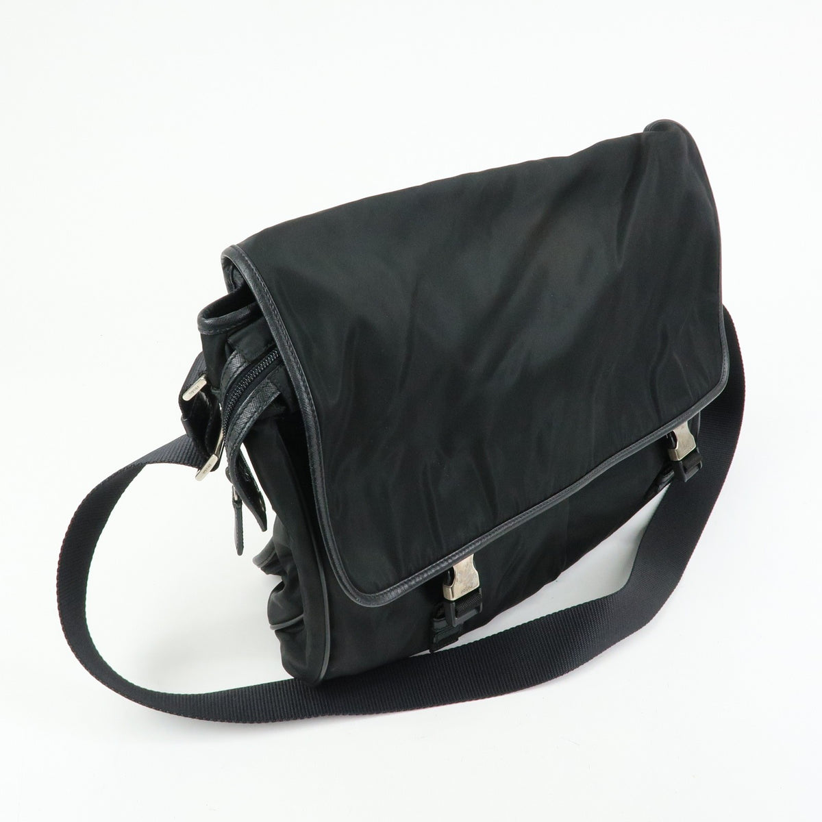 Prada Buckle Messenger Tessuto, Black, Nylon, Handbag