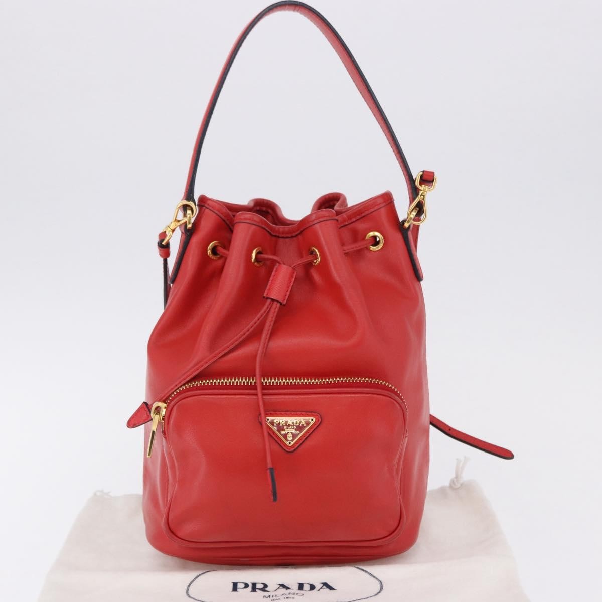 Prada Drawstring Pocket Bucket Soft Calf, Red, Leather, Shoulder Bag