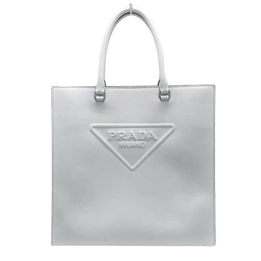 Prada Triangle Logo, Grey, Leather, handbag