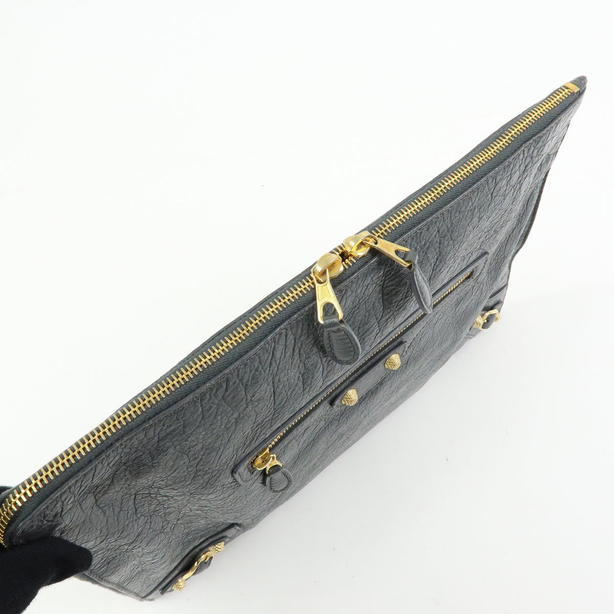 Balenciaga Zip Around Giant Studs Clutch Leather, Gray, Leather, Clutch
