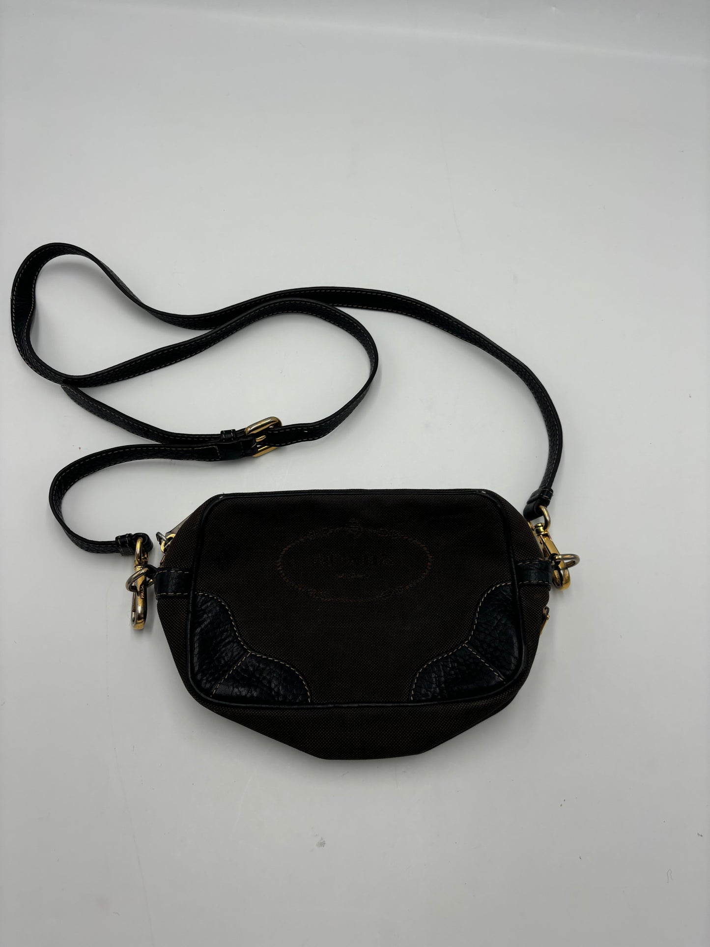 Prada Mini Zip Crossbody Bag Canvas and Leather, Brown, Canvas, Backpack