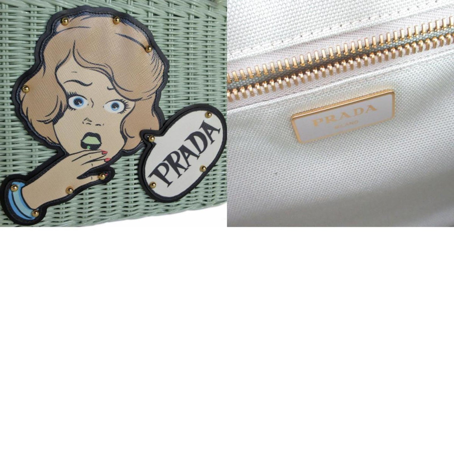 Prada Midollino, Green, Canvas, handbag