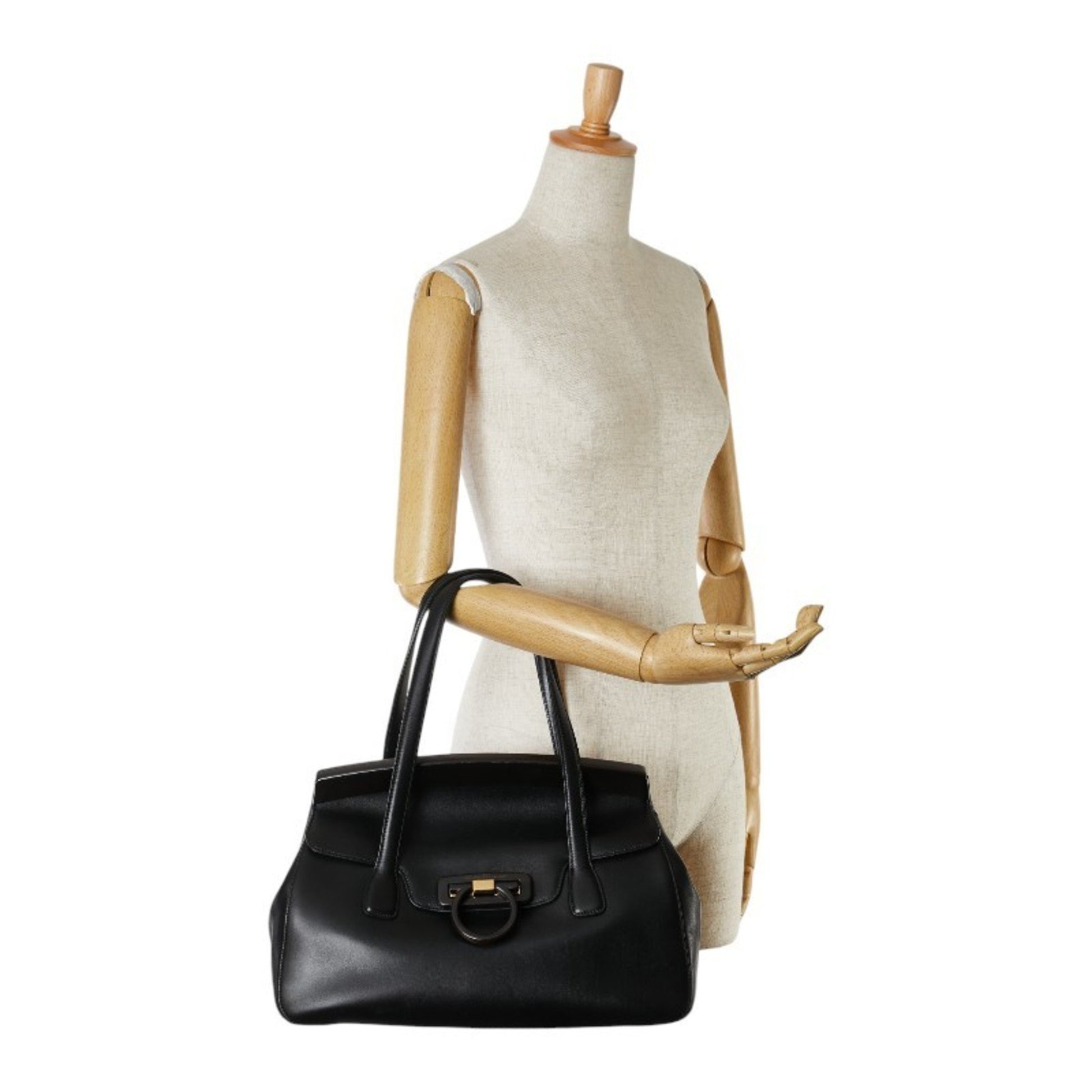 Salvatore Ferragamo Gancini, Black, Leather, tote