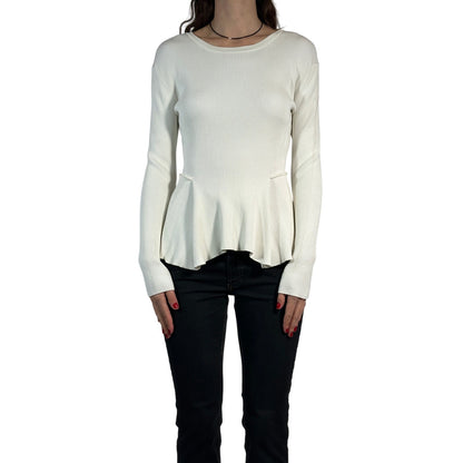 SPORTMAX Πλεκτό Πουλόβερ Peplum με Ριμπ Πλεχτό, Μονόχρωμο, Μακρυμάνικο, Γυναικείο, Λευκό M