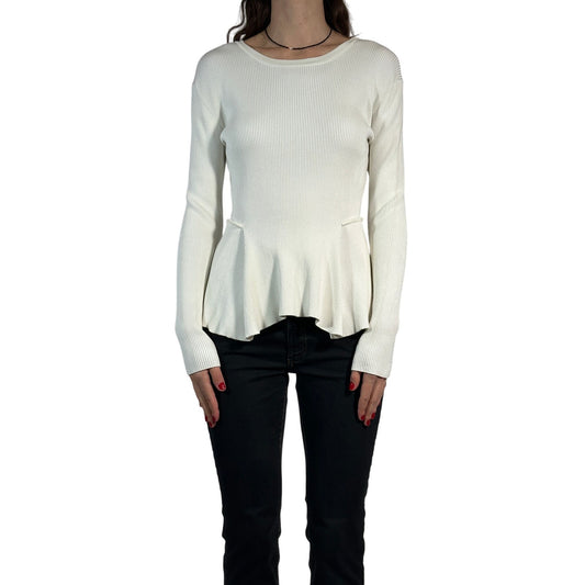 SPORTMAX Πλεκτό Πουλόβερ Peplum με Ριμπ Πλεχτό, Μονόχρωμο, Μακρυμάνικο, Γυναικείο, Λευκό M