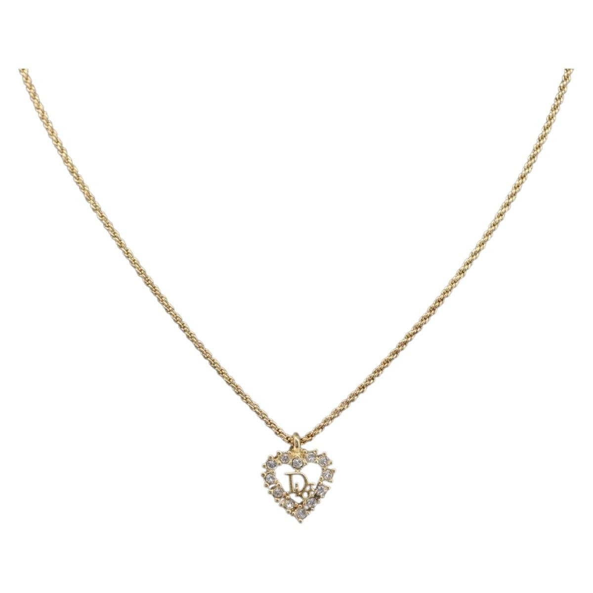 Christian Dior Logo Heart Pendant Metal with Crystal, Gold, Metal, Necklace