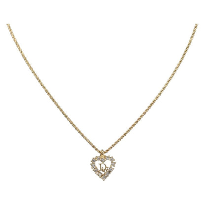 Christian Dior Logo Heart Pendant Metal with Crystal, Gold, Metal, Necklace