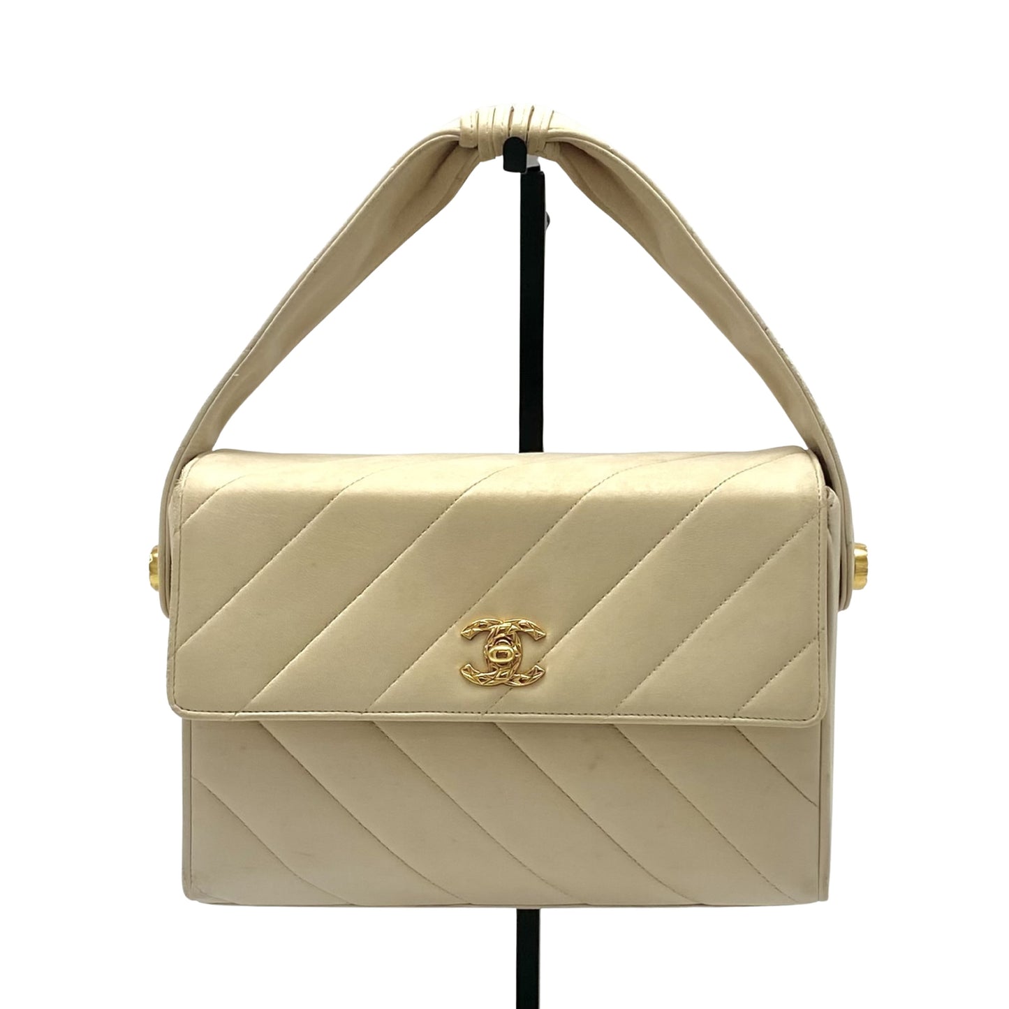 Chanel Vintage Olsen CC Chain Tote Canvas with Leather, BEIGE, LEATHER, Tote bag