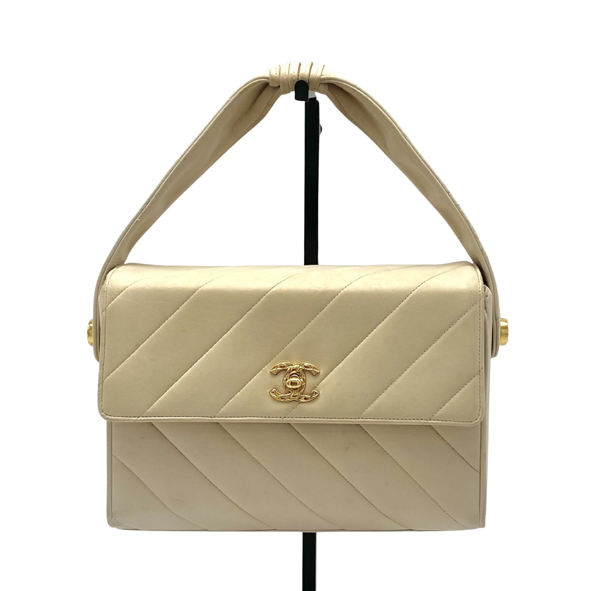 Chanel Vintage Olsen CC Chain Tote Canvas with Leather, BEIGE, LEATHER, Tote bag