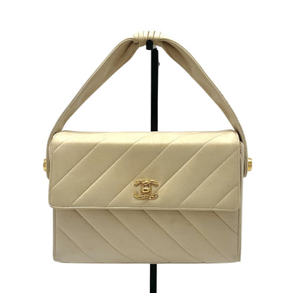 Chanel Vintage Olsen CC Chain Tote Canvas with Leather, BEIGE, LEATHER, Tote bag