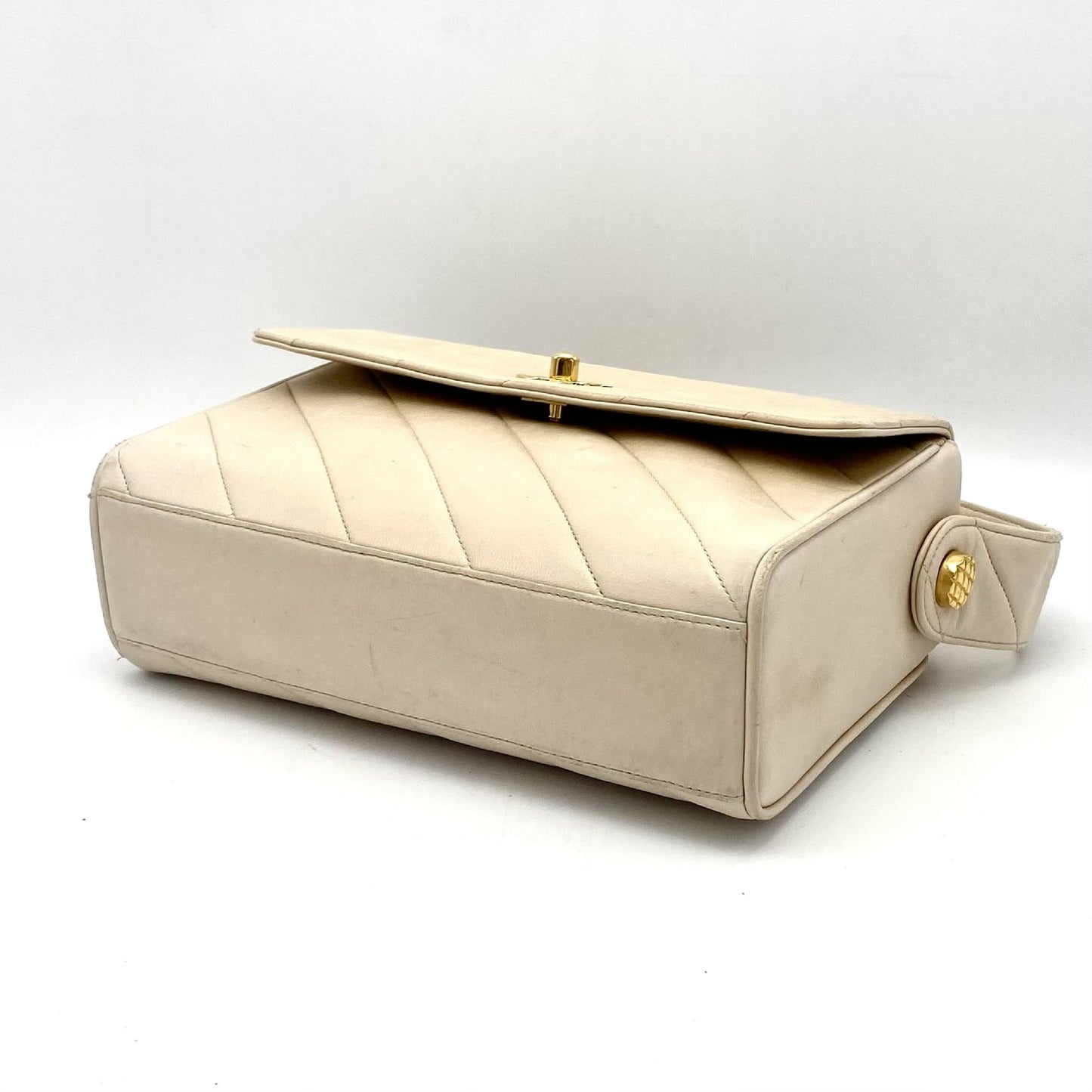 Chanel Vintage Olsen CC Chain Tote Canvas with Leather, BEIGE, LEATHER, Tote bag