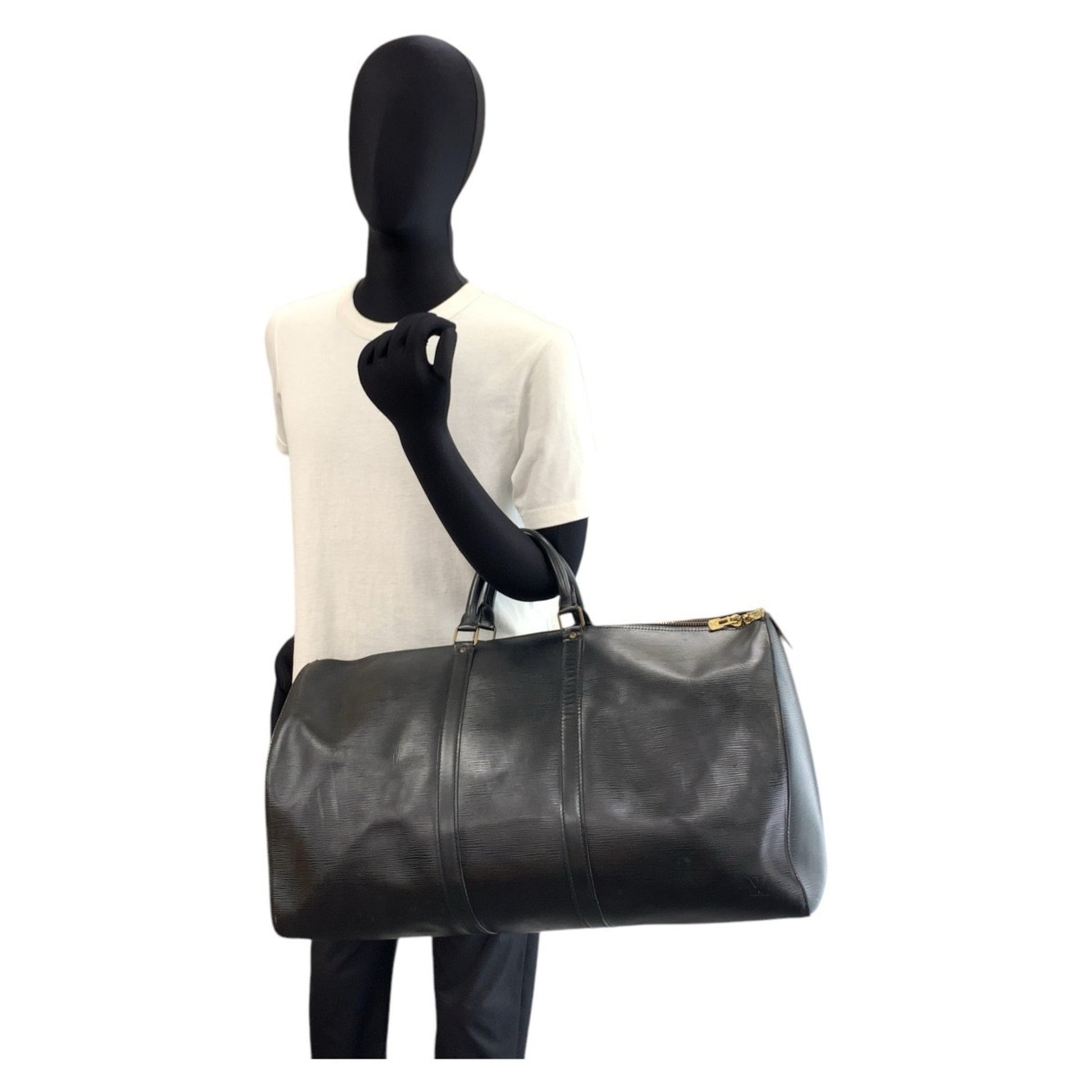 Louis Vuitton Keepall 55, Black, Leather, travel