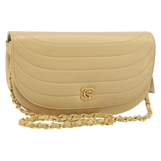 Chanel Vintage Half Moon Flap Bag Quilted lambskin, BEIGE, LEATHER, Shoulder bag