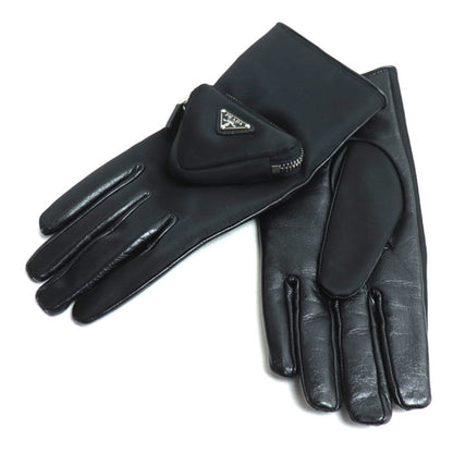 Prada Triangle Logo, Black, Leather, gloves
