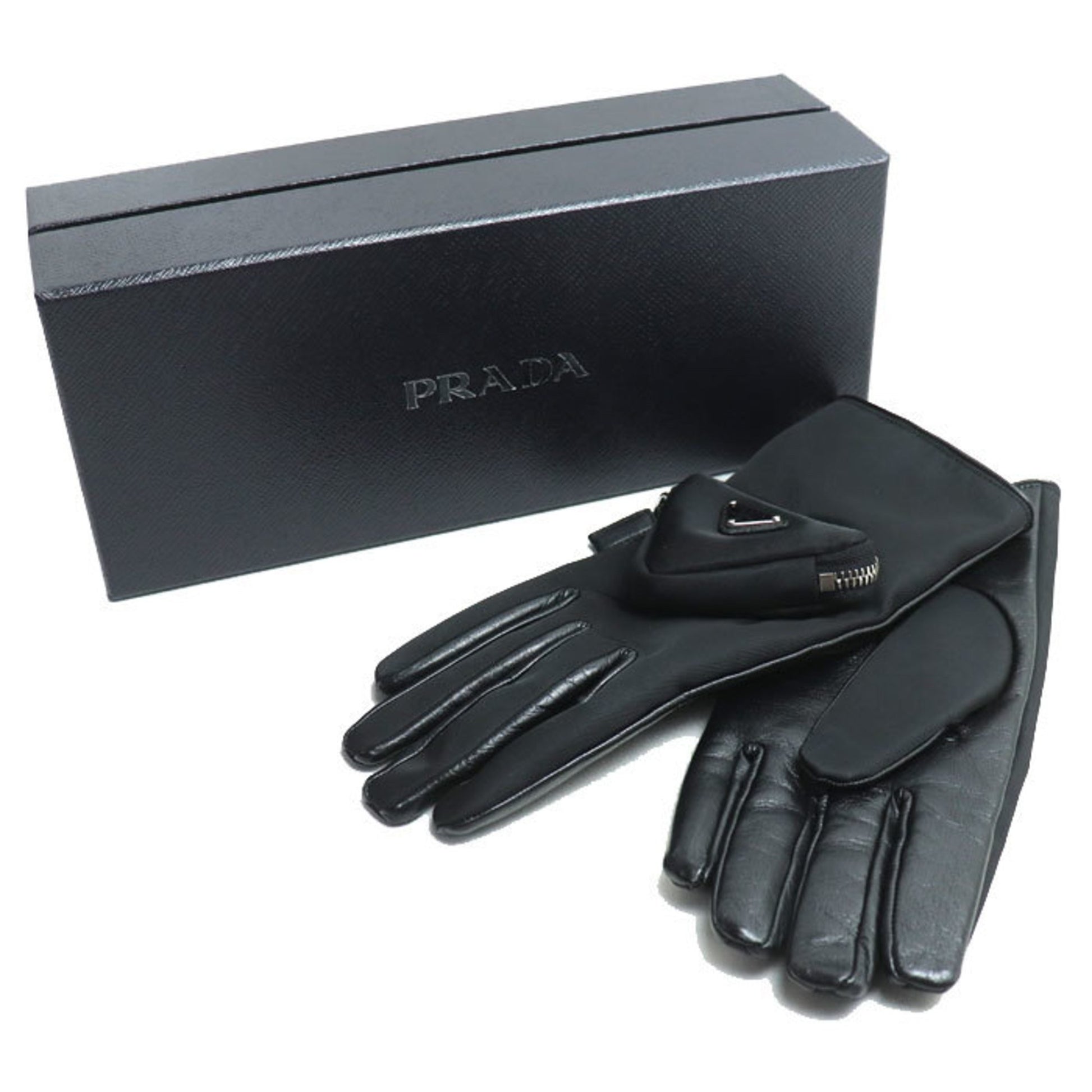 Prada Triangle Logo, Black, Leather, gloves
