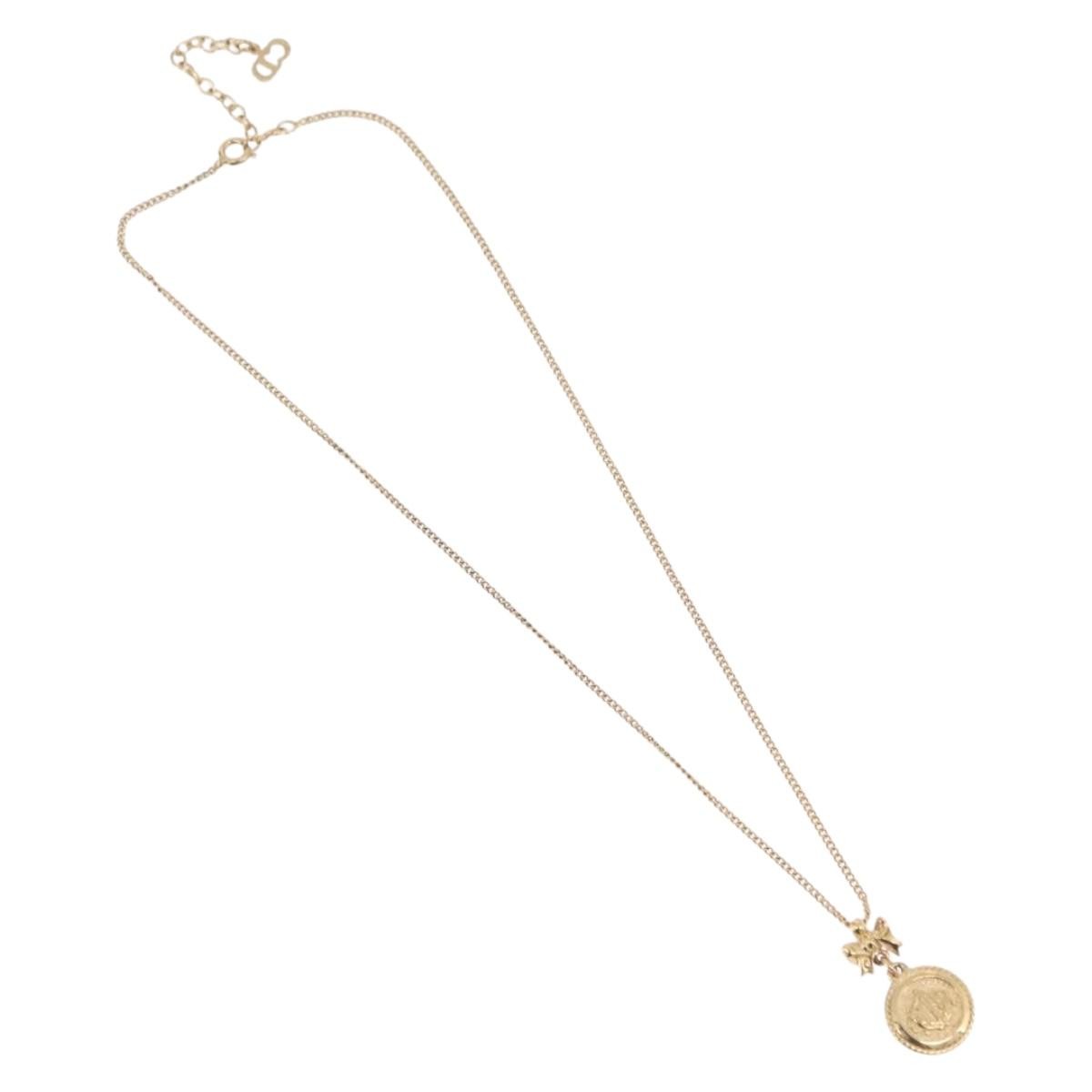 Christian Dior Round Logo Pendant Metal with Crystal, Gold, Metal, Necklace