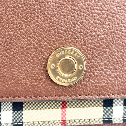 Burberry Note Leather with Vintage Check Canvas, Brown, Leather, Crossbody Bag