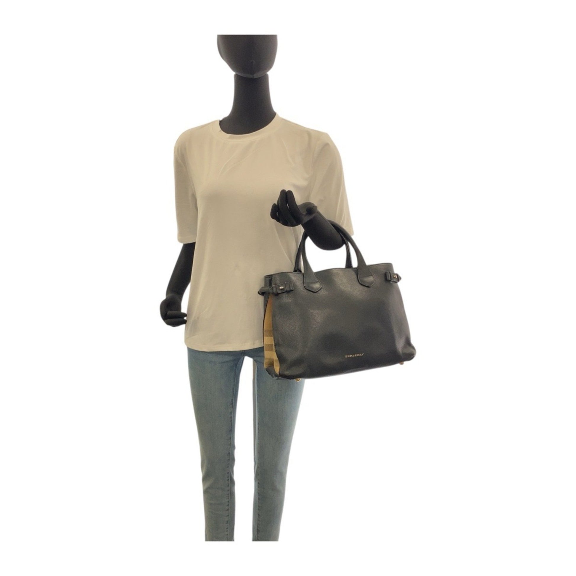 Burberry Banner, Black, "CANVAS, LEATHER", tote