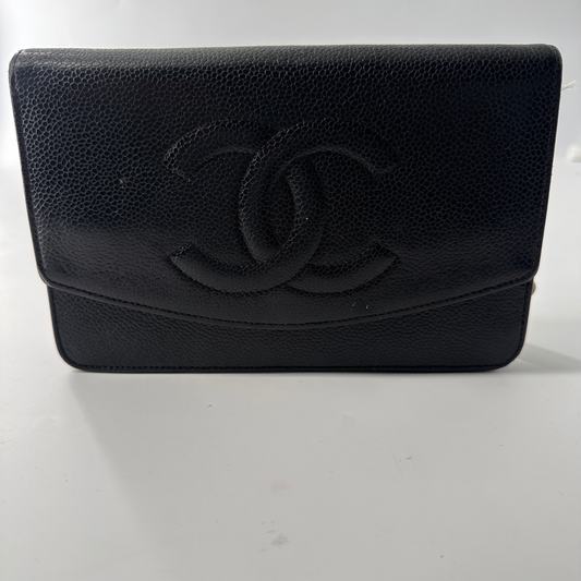 Chanel Wallet On Chain, Black, Leather, shoulder